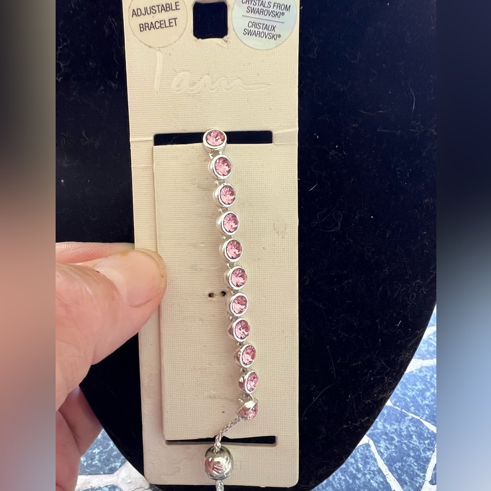 I Am pink Swarovski crystal and silver tone adjustable bracelet new on card.